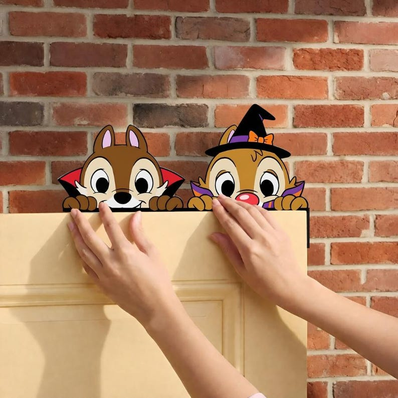 Halloween Chip & Dale Wooden Door Sign, Vampire Witch Chipmunks Door Topper, Double Trouble Sign, Chip Dale Peekaboo Door Decor