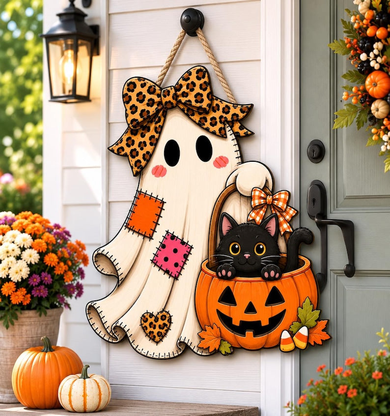 Halloween Ghost Door Hanger, Black Cat Pumpkin Leopard Bow Fall Decor