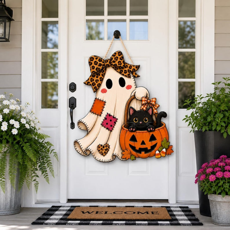 Halloween Ghost Door Hanger, Black Cat Pumpkin Leopard Bow Fall Decor