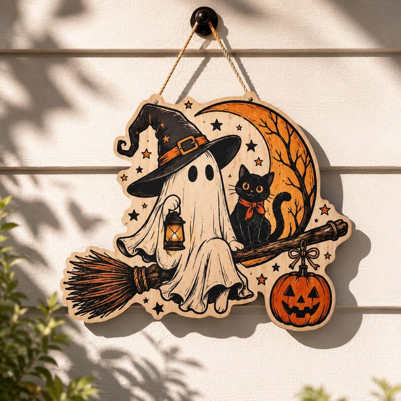Halloween Ghost Wooden Door Hanger, Black Cat Witch Sign, Pumpkin Moon Porch Decor, Spooky Wood Wall Art, Fall Halloween Gift for Home