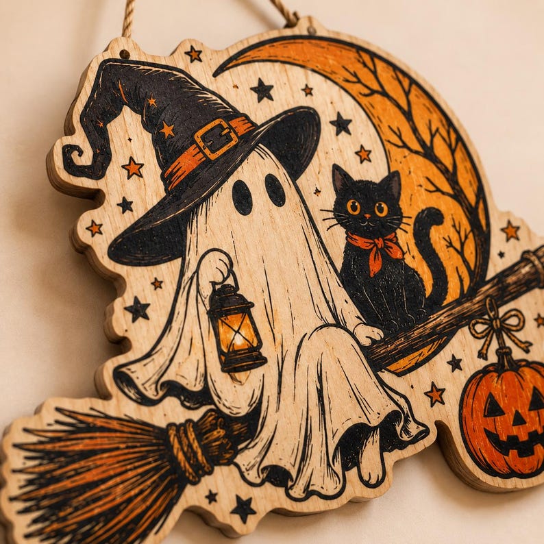 Halloween Ghost Wooden Door Hanger, Black Cat Witch Sign, Pumpkin Moon Porch Decor, Spooky Wood Wall Art, Fall Halloween Gift for Home