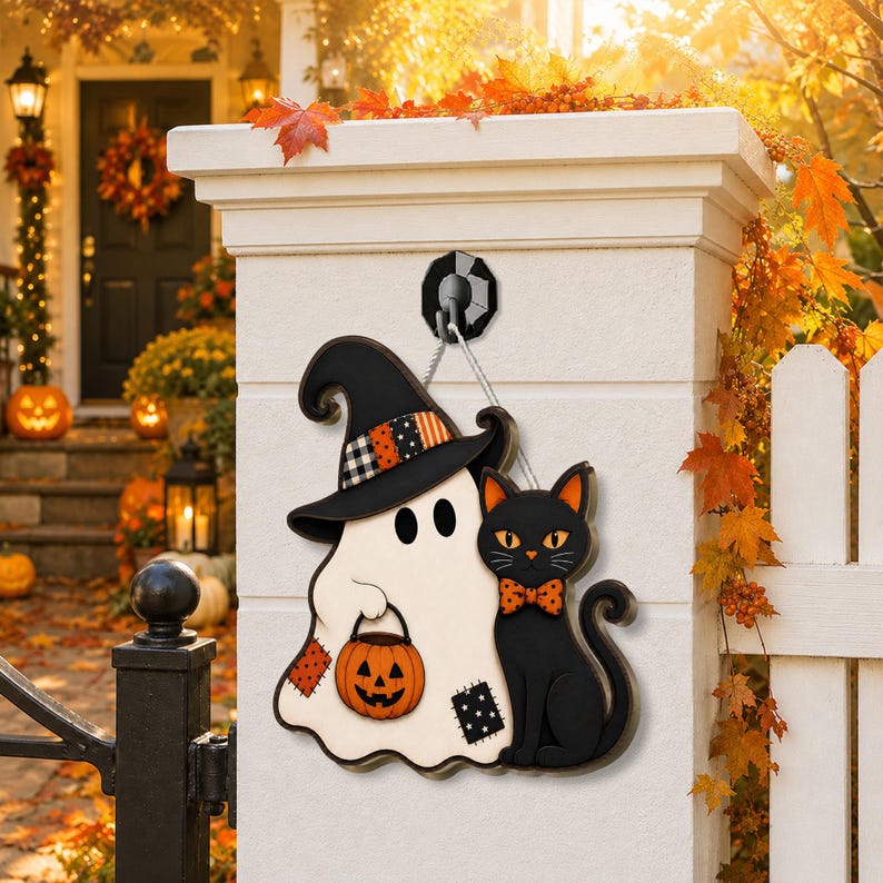 Halloween Ghost Door Sign, Black Cat Wooden Door Hanger, Witch Hat Front Door Decor, Spooky Fall Porch Sign