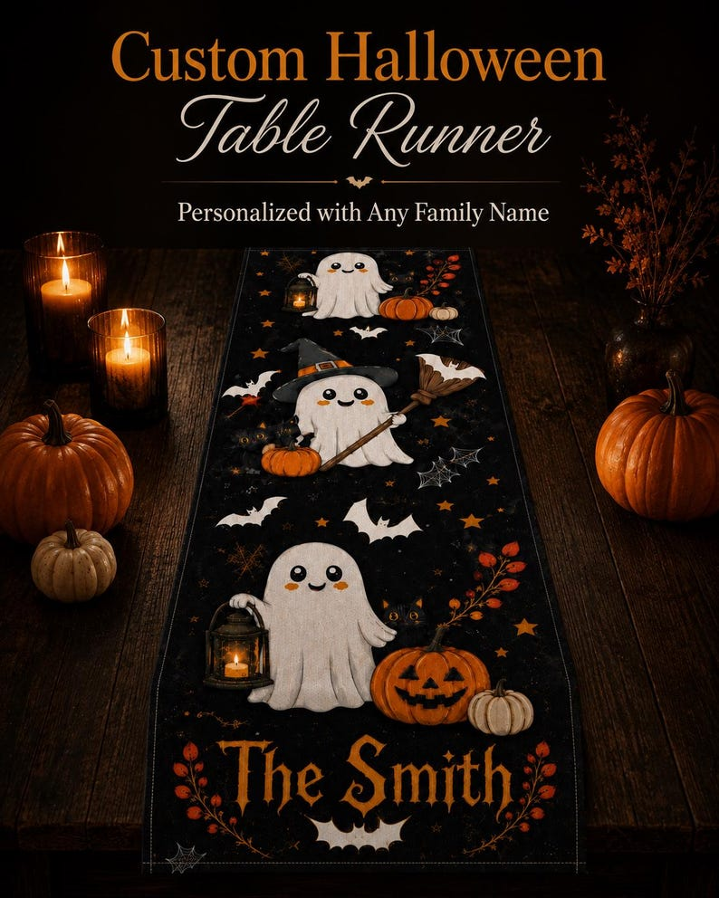 Personalized Halloween Table Runner Linen, Cute Ghost and Pumpkin Runner, Fall Kitchen Dining Table Decoration
