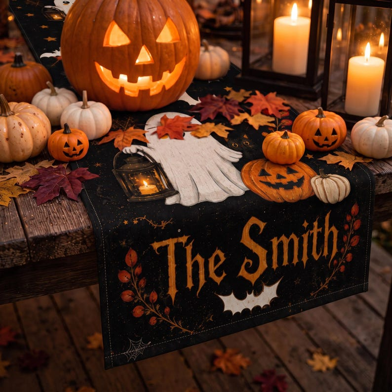 Personalized Halloween Table Runner Linen, Cute Ghost and Pumpkin Runner, Fall Kitchen Dining Table Decoration