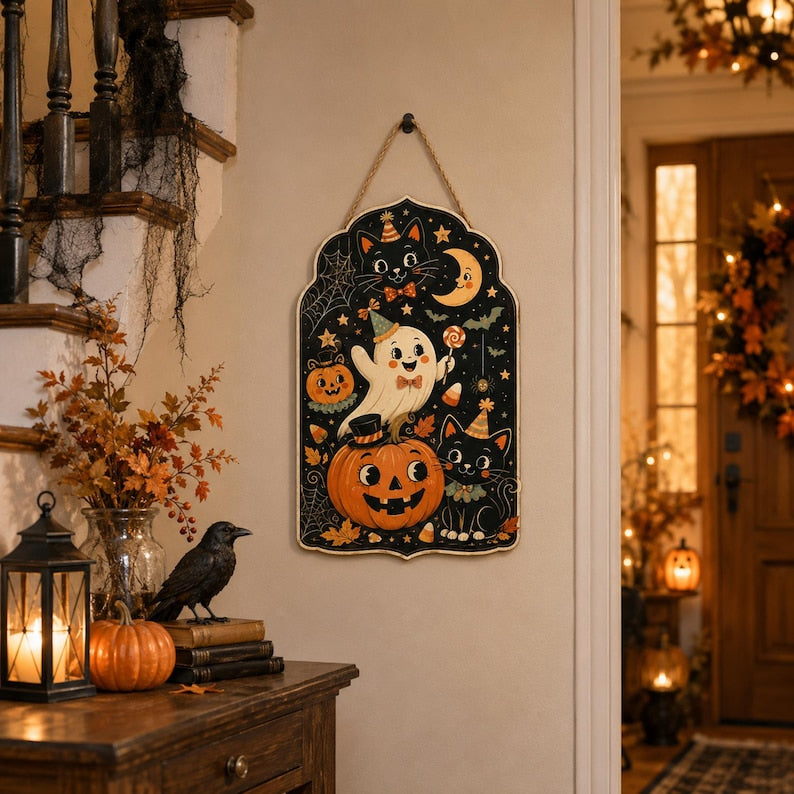 Halloween Door Sign, Black Cat Pumpkin Ghost Decor, Cute Spooky Front Door Hanging, Halloween Porch Decor, Fall Home Wall Art