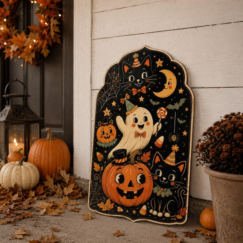 Halloween Door Sign, Black Cat Pumpkin Ghost Decor, Cute Spooky Front Door Hanging, Halloween Porch Decor, Fall Home Wall Art