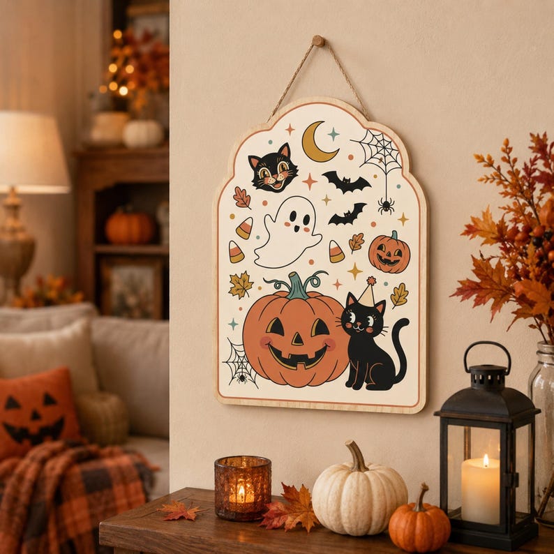 Halloween Door Hanging, Black Cat Pumpkin Ghost Sign, Cute Halloween Front Door Decor, Spooky Fall Porch Decoration