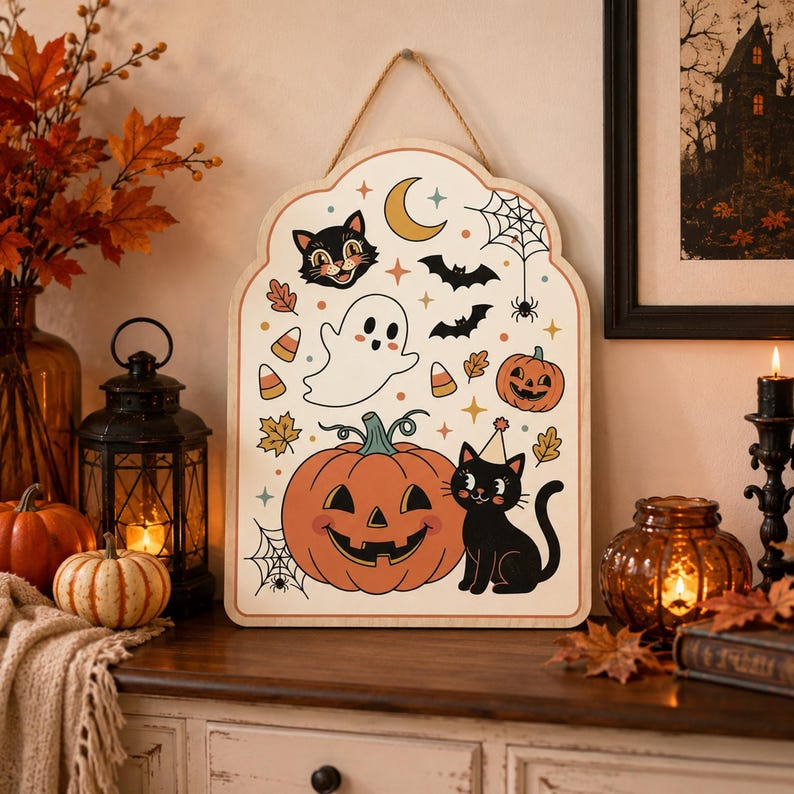 Halloween Door Hanging, Black Cat Pumpkin Ghost Sign, Cute Halloween Front Door Decor, Spooky Fall Porch Decoration