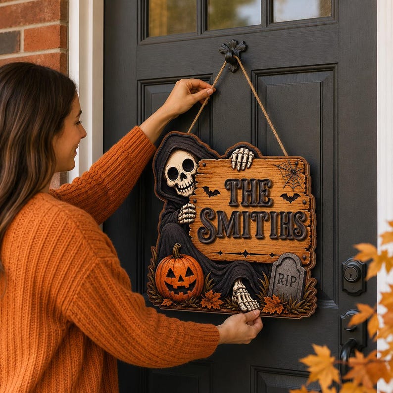 PERSONALIZABLE Halloween Wooden Sign, CUSTOMIZABLE Family Name Decor, Spooky Skeleton Door Hanger, Haunted Housewarming Gift For Family