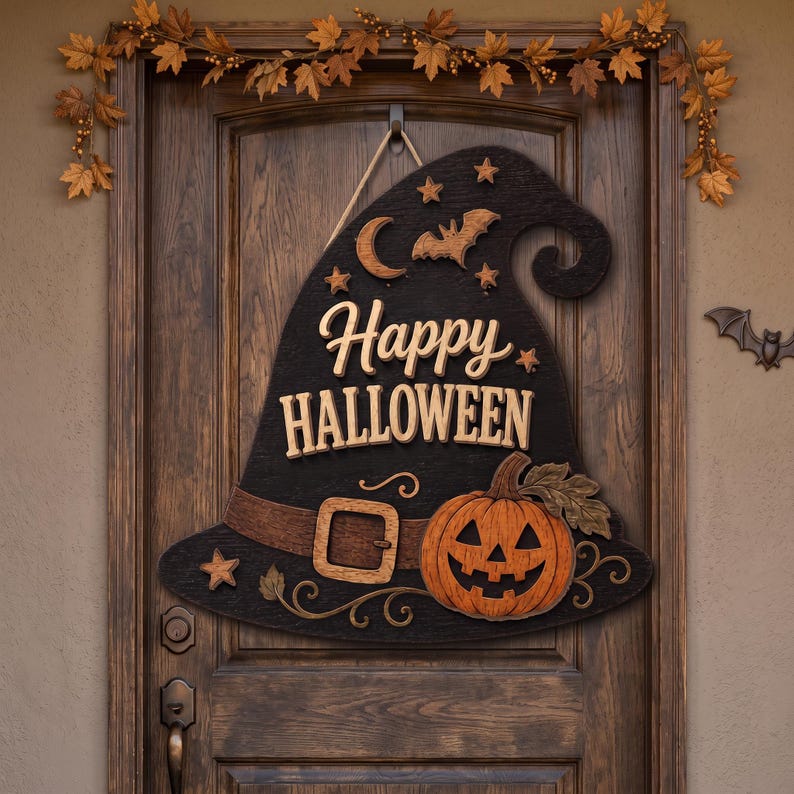 Halloween Wooden Door Sign, Witch Hat Pumpkin Decor, Two-Layer Wood Hanger, Spooky Autumn Housewarming Gift For Family And Friends