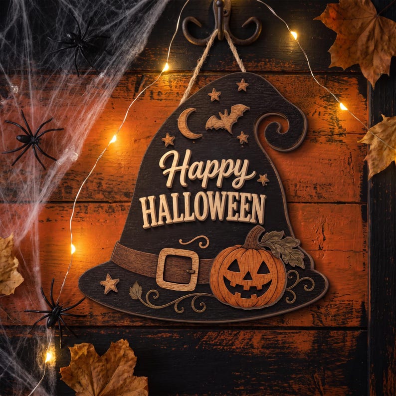 Halloween Wooden Door Sign, Witch Hat Pumpkin Decor, Two-Layer Wood Hanger, Spooky Autumn Housewarming Gift For Family And Friends