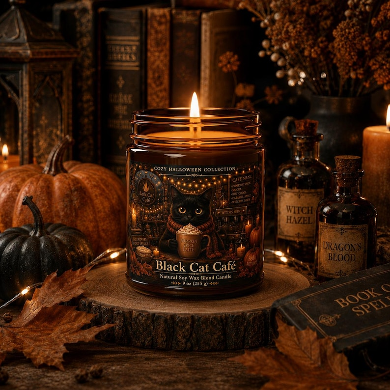 Black Cat Cafe Candle, Cozy Halloween Soy Wax Candle, Witchy Cat Kitchen Decor, Spooky Fall Home Decor, Feline Lover Gift, Halloween Gift