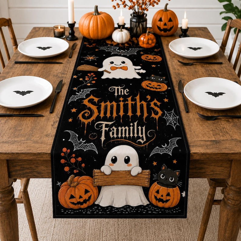 Personalized Halloween Table Runner, Custom Family Name Linen Runner, Ghost Pumpkin Dining Decor, Spooky Party