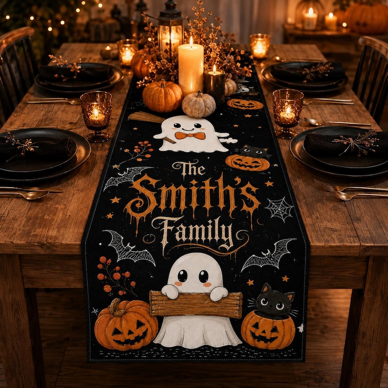 Personalized Halloween Table Runner, Custom Family Name Linen Runner, Ghost Pumpkin Dining Decor, Spooky Party
