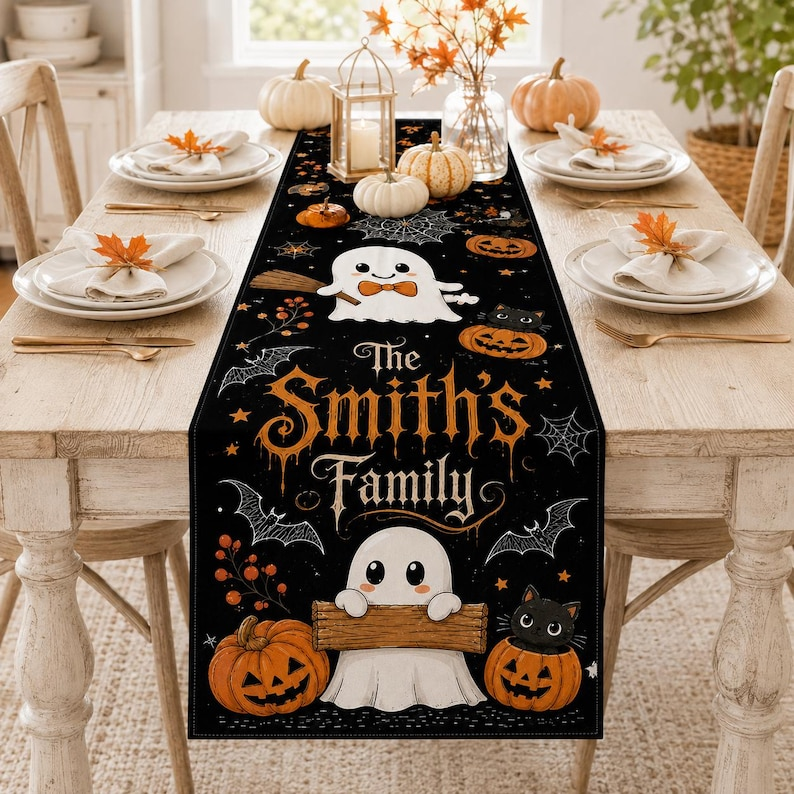 Personalized Halloween Table Runner, Custom Family Name Linen Runner, Ghost Pumpkin Dining Decor, Spooky Party