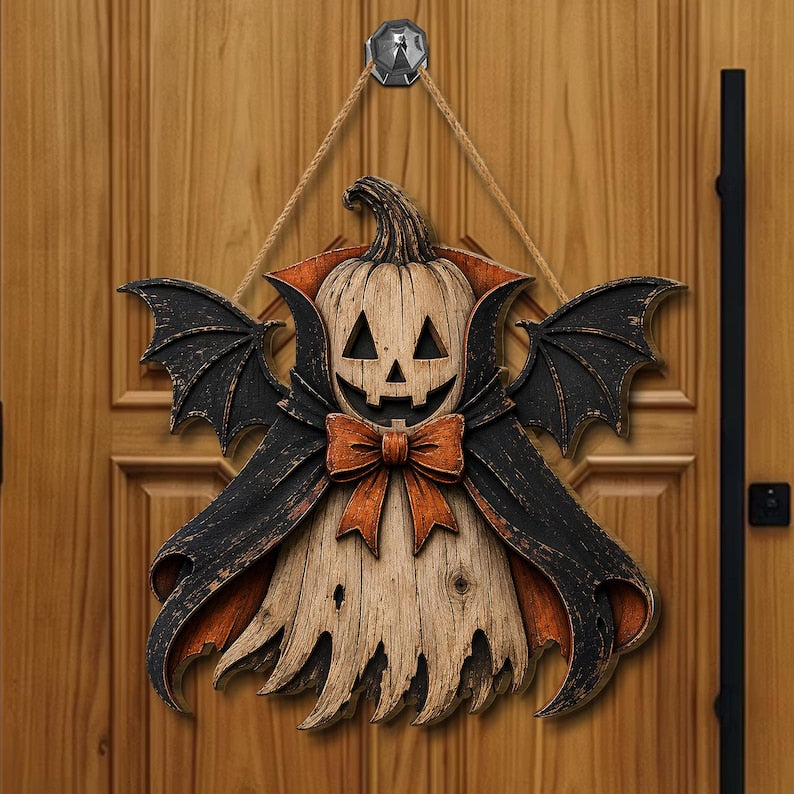 Halloween Ghost Vampire Bat Wood Sign, Spooky Front Door Decor, Haunted House Wall Art, Gothic Wooden Plaque Gift