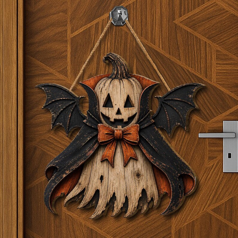 Halloween Ghost Vampire Bat Wood Sign, Spooky Front Door Decor, Haunted House Wall Art, Gothic Wooden Plaque Gift