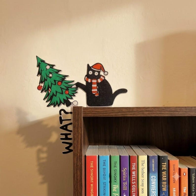Black Cat vs Christmas Tree Door Corner Topper, Kitty Cat Christmas Door Decoration, best gift for cat lovers