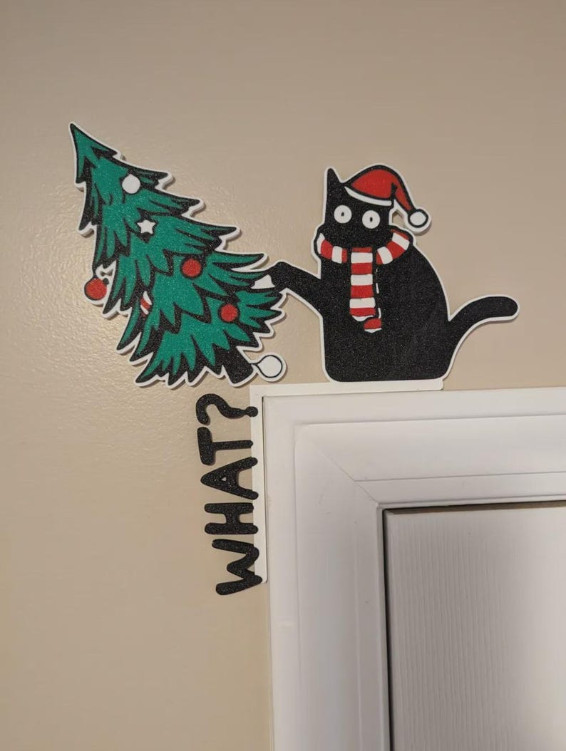 Black Cat vs Christmas Tree Door Corner Topper, Kitty Cat Christmas Door Decoration, best gift for cat lovers