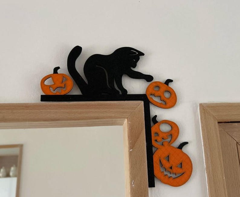 Cute Black cat and pumpkin Door Corner Decor, Halloween Decoration Sign, Door Toppers, Fall Decor, Cat Lover Gift for Home Display
