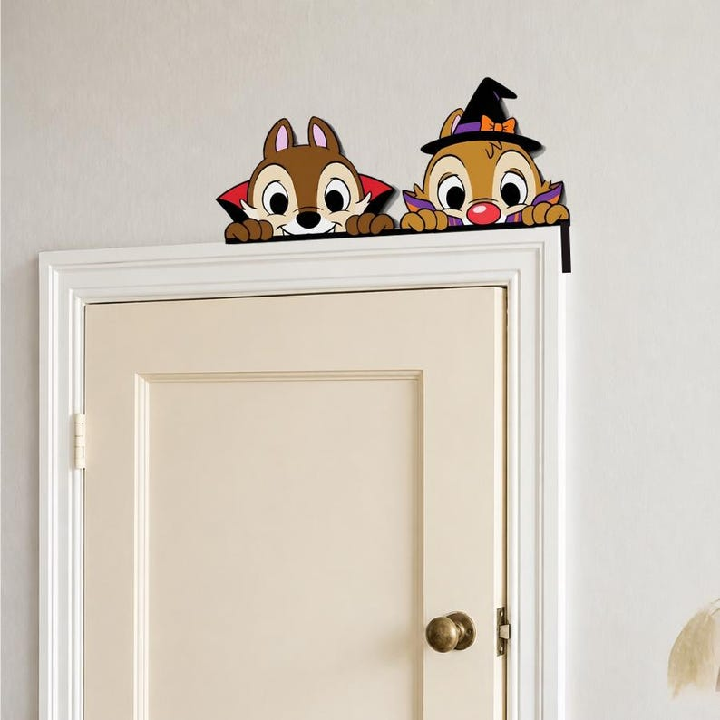 Halloween Chip & Dale Wooden Door Sign, Vampire Witch Chipmunks Door Topper, Double Trouble Sign, Chip Dale Peekaboo Door Decor