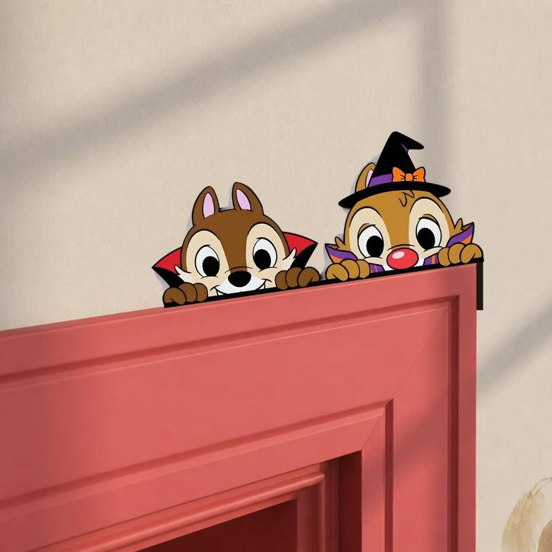 Halloween Chip & Dale Wooden Door Sign, Vampire Witch Chipmunks Door Topper, Double Trouble Sign, Chip Dale Peekaboo Door Decor