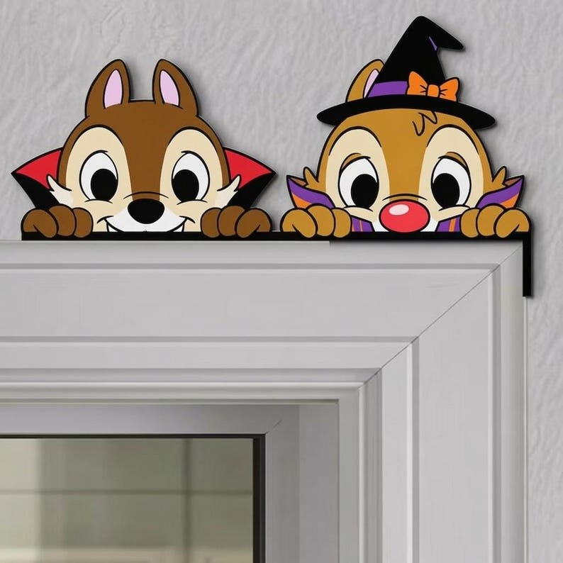 Halloween Chip & Dale Wooden Door Sign, Vampire Witch Chipmunks Door Topper, Double Trouble Sign, Chip Dale Peekaboo Door Decor