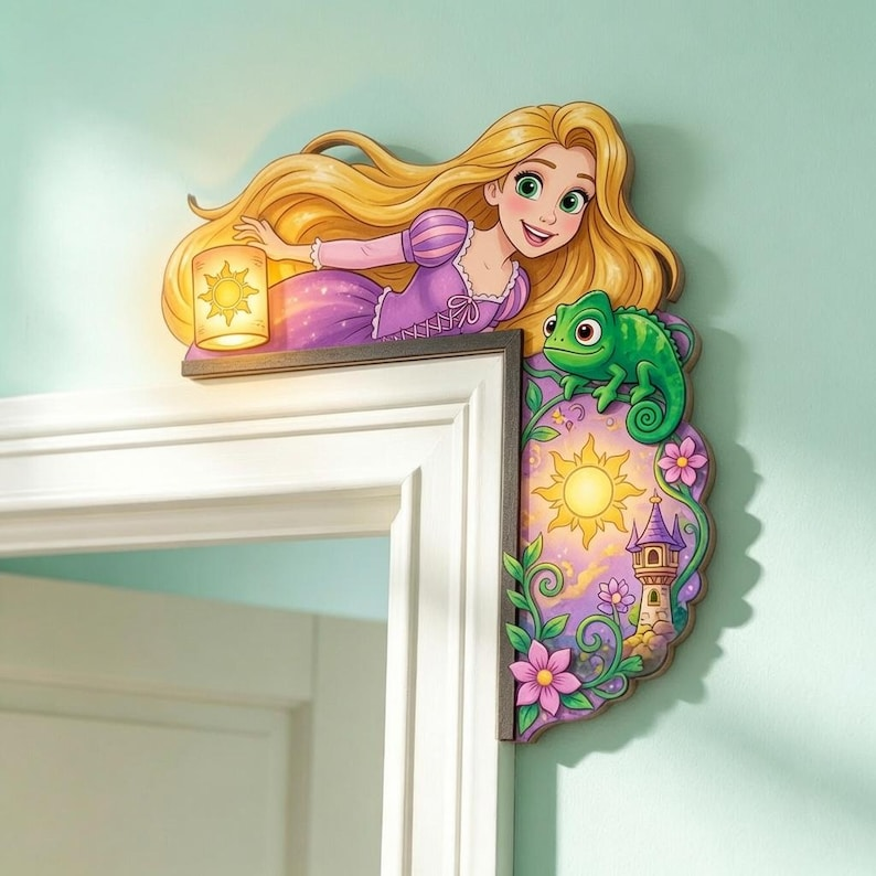 Personalized Rapunzel Door Corner Topper, Princess Bedroom Door Decor, Fairytale Nursery Decoration, Wooden Princess Door Sign