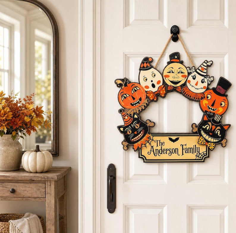 Personalized Halloween Family Name Wooden Wreath Sign Vintage Retro Black Cat Pumpkin Ghost Door Decor