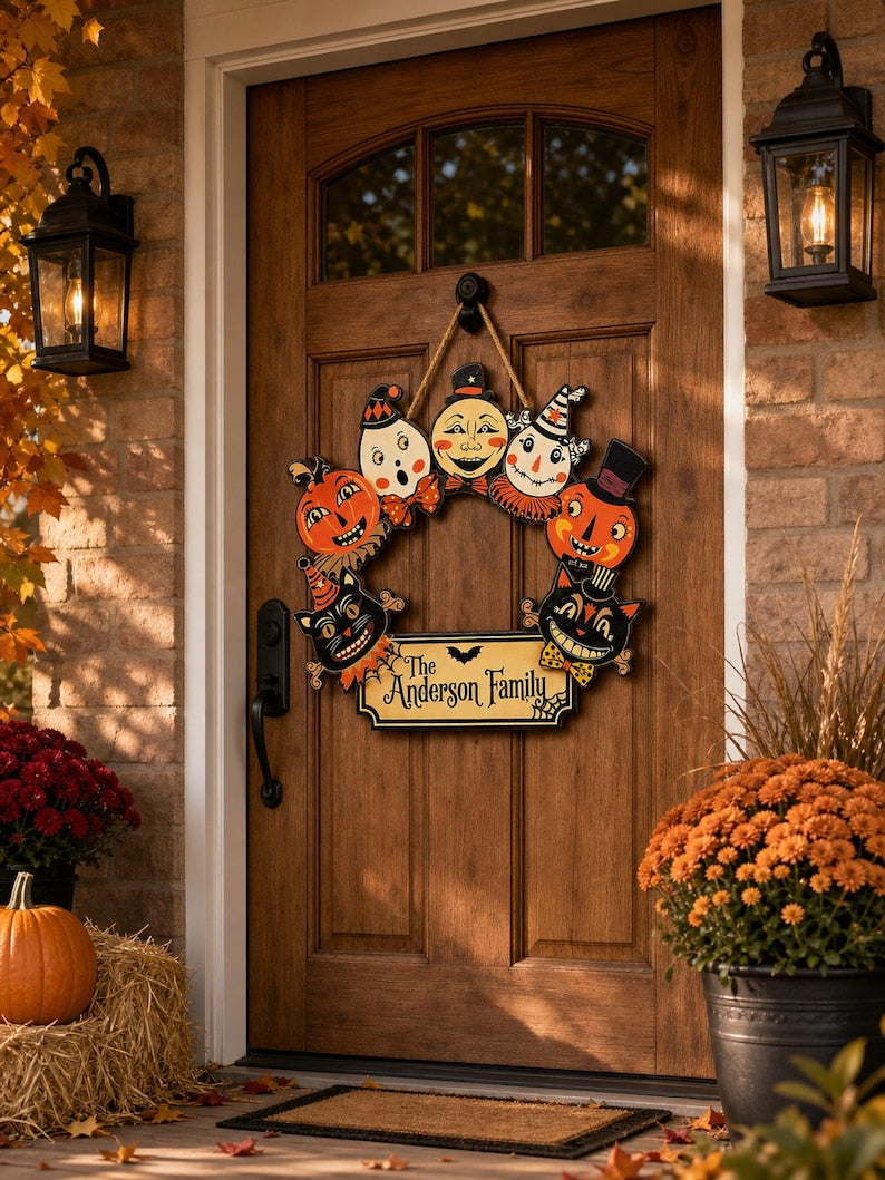 Personalized Halloween Family Name Wooden Wreath Sign Vintage Retro Black Cat Pumpkin Ghost Door Decor