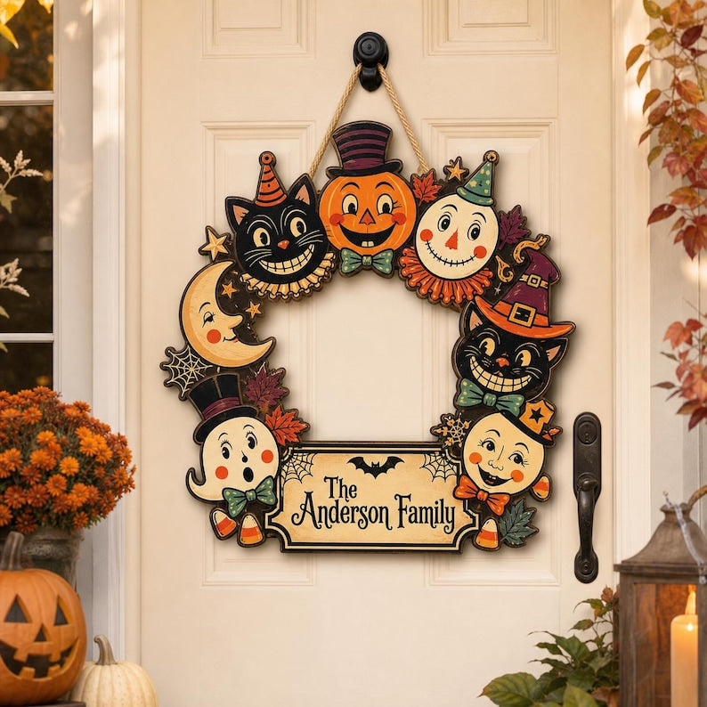 Personalized Halloween Family Name Wooden Wreath Sign Vintage Retro Black Cat Pumpkin Ghost Door Decor