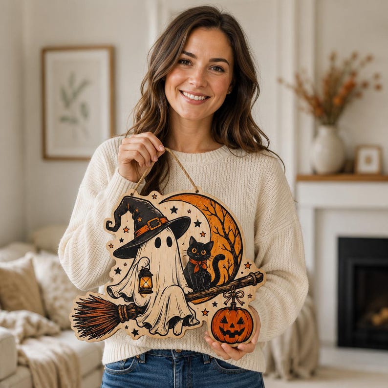 Halloween Ghost Wooden Door Hanger, Black Cat Witch Sign, Pumpkin Moon Porch Decor, Spooky Wood Wall Art, Fall Halloween Gift for Home