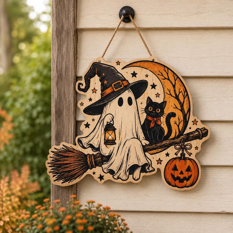 Halloween Ghost Wooden Door Hanger, Black Cat Witch Sign, Pumpkin Moon Porch Decor, Spooky Wood Wall Art, Fall Halloween Gift for Home