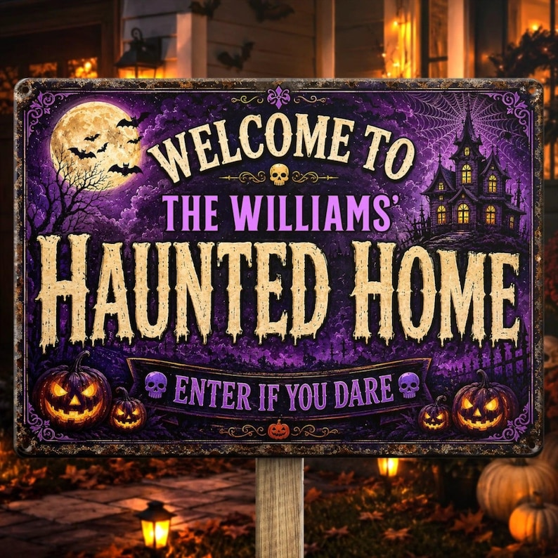 Personalized Welcome to Our Haunted Home Metal Sign – Custom Family Name Halloween Decor, Spooky Season Wall Art