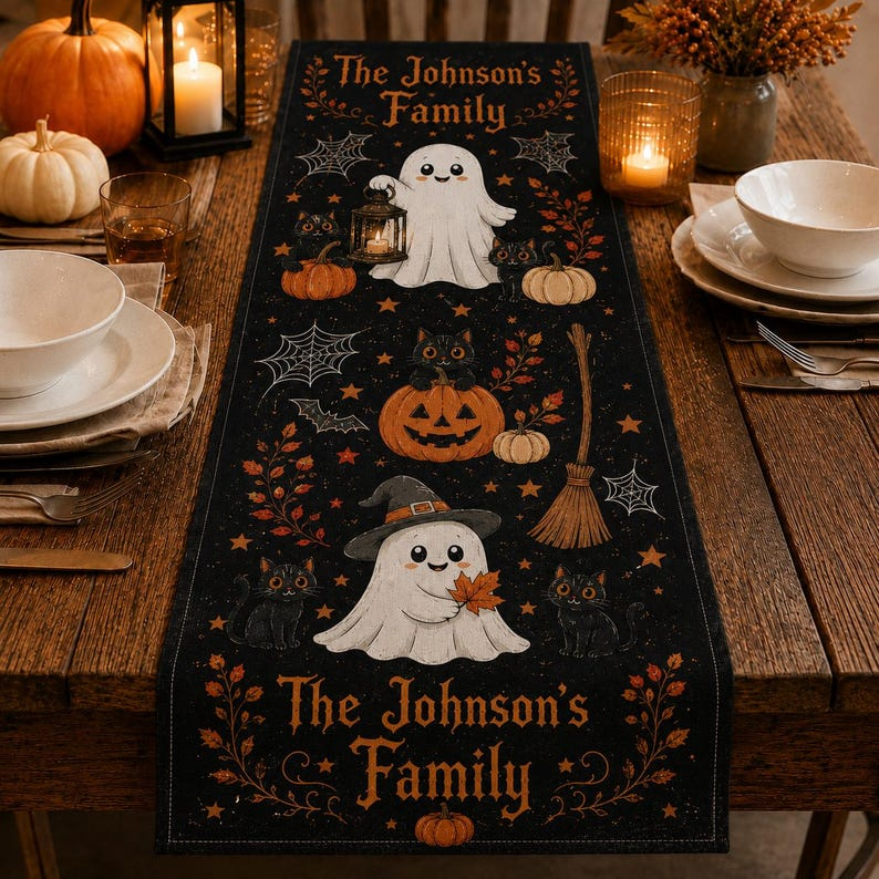 Personalized Halloween Table Runner Linen, Cute Ghost and Pumpkin Runner, Fall Kitchen Dining Table Decoration