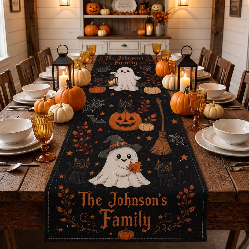Personalized Halloween Table Runner Linen, Cute Ghost and Pumpkin Runner, Fall Kitchen Dining Table Decoration