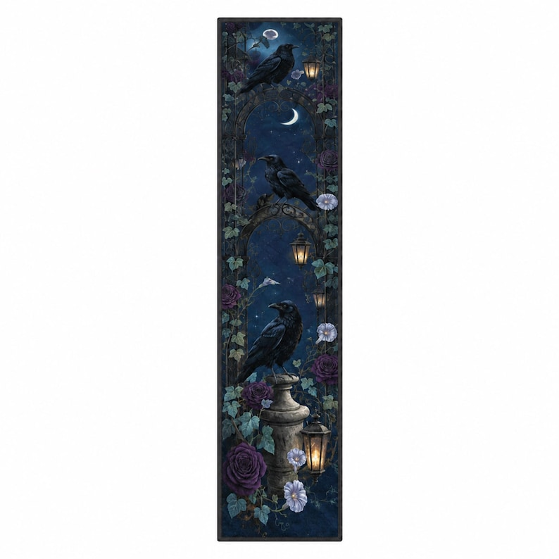 Midnight Raven Garden Table Runner, Gothic Halloween Table Decor