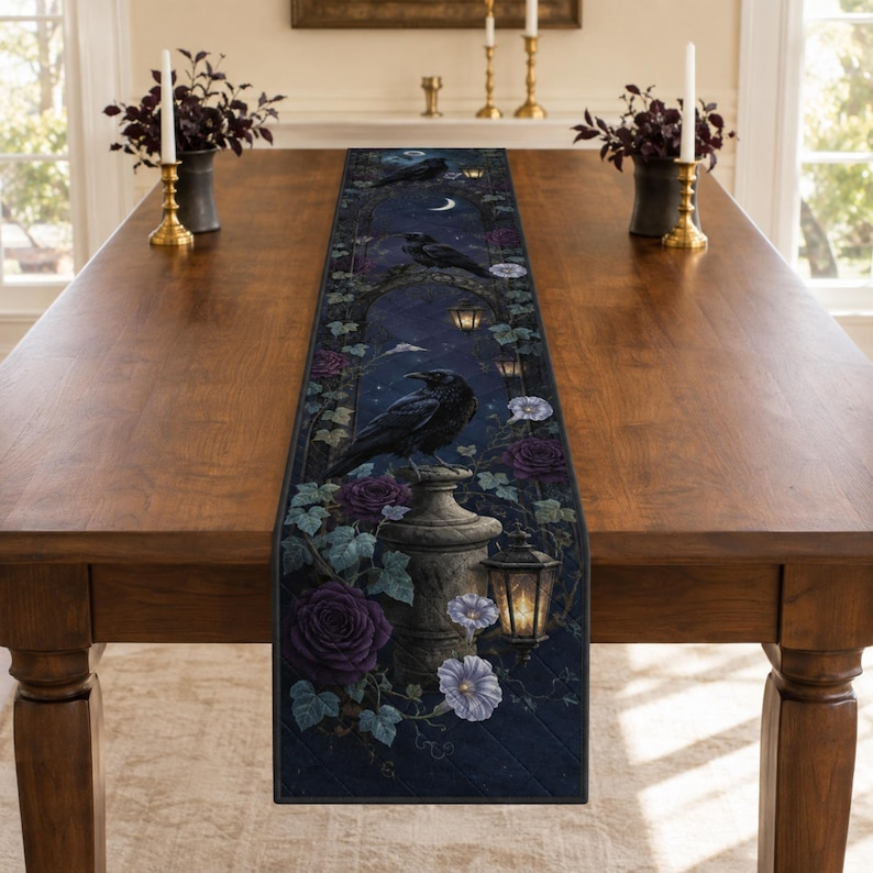 Midnight Raven Garden Table Runner, Gothic Halloween Table Decor
