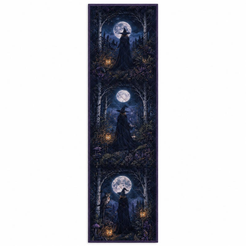Moonlit Witch Forest Table Runner, Gothic Halloween Table Decor
