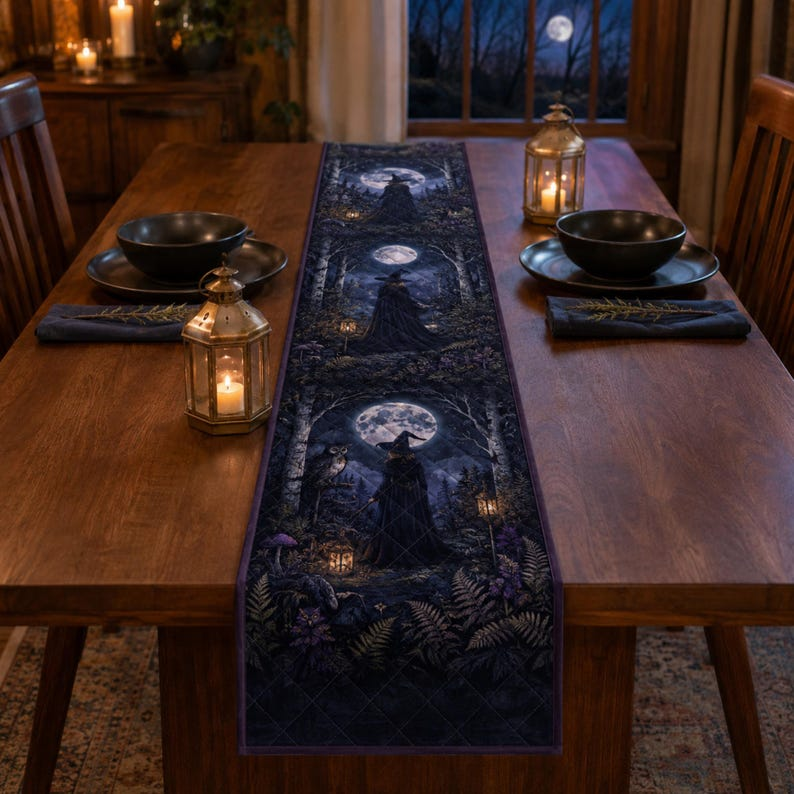 Moonlit Witch Forest Table Runner, Gothic Halloween Table Decor