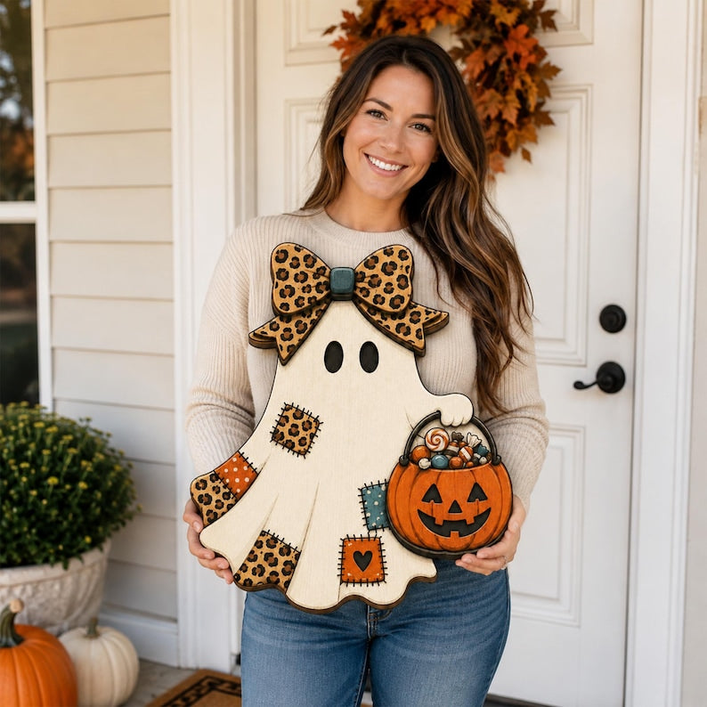 Patchwork Ghost Door Hanger, Wooden Halloween Front Door Sign, Cute Pumpkin Ghost, Rustic Fall Porch Decor