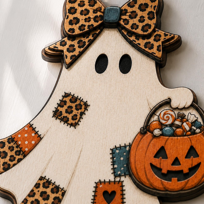 Patchwork Ghost Door Hanger, Wooden Halloween Front Door Sign, Cute Pumpkin Ghost, Rustic Fall Porch Decor