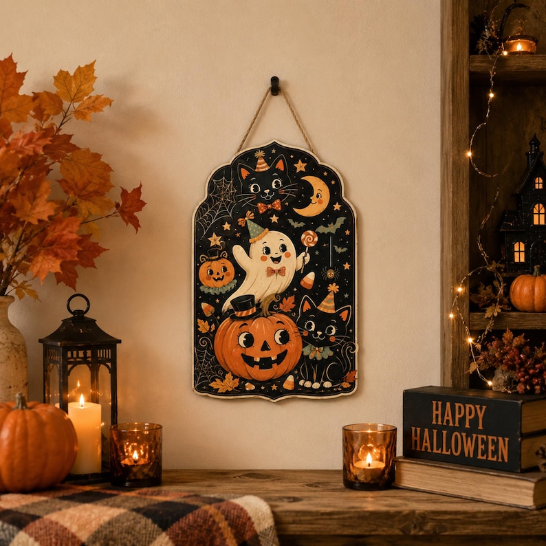Halloween Door Sign, Black Cat Pumpkin Ghost Decor, Cute Spooky Front Door Hanging, Halloween Porch Decor, Fall Home Wall Art