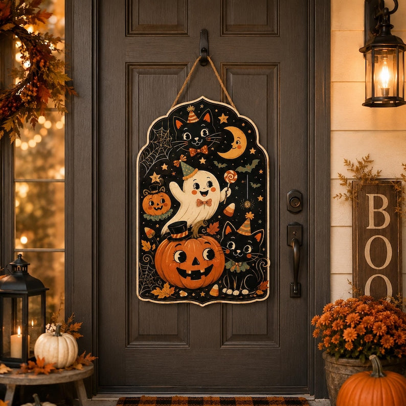 Halloween Door Sign, Black Cat Pumpkin Ghost Decor, Cute Spooky Front Door Hanging, Halloween Porch Decor, Fall Home Wall Art