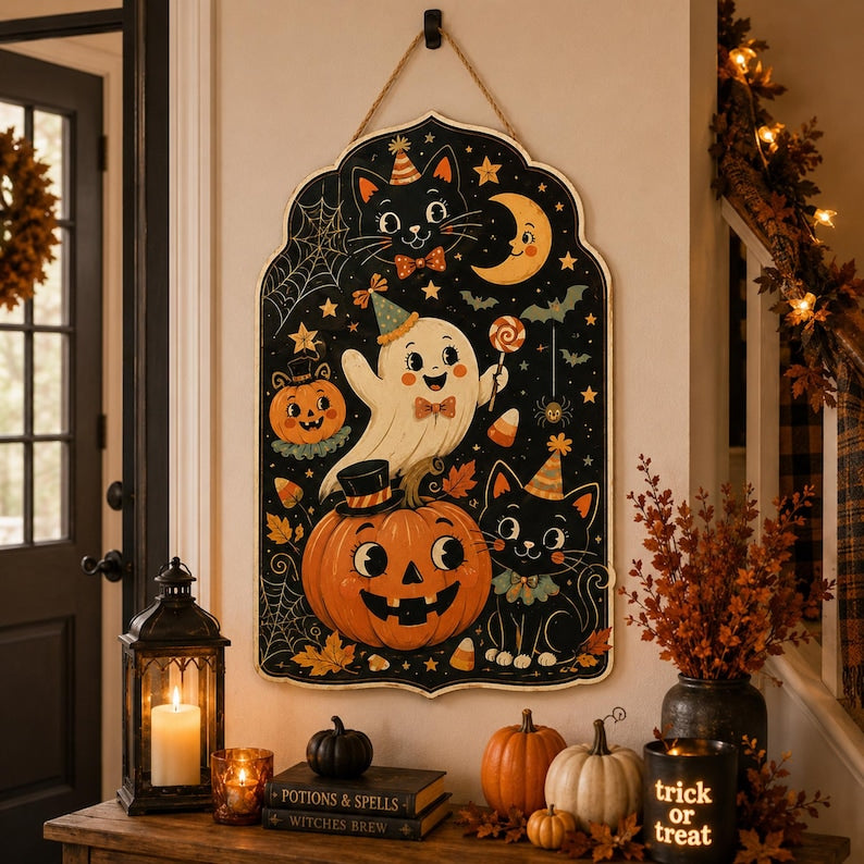 Halloween Door Sign, Black Cat Pumpkin Ghost Decor, Cute Spooky Front Door Hanging, Halloween Porch Decor, Fall Home Wall Art