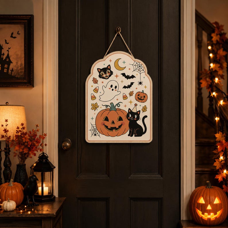 Halloween Door Hanging, Black Cat Pumpkin Ghost Sign, Cute Halloween Front Door Decor, Spooky Fall Porch Decoration