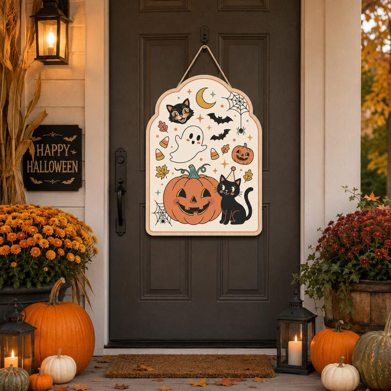 Halloween Door Hanging, Black Cat Pumpkin Ghost Sign, Cute Halloween Front Door Decor, Spooky Fall Porch Decoration