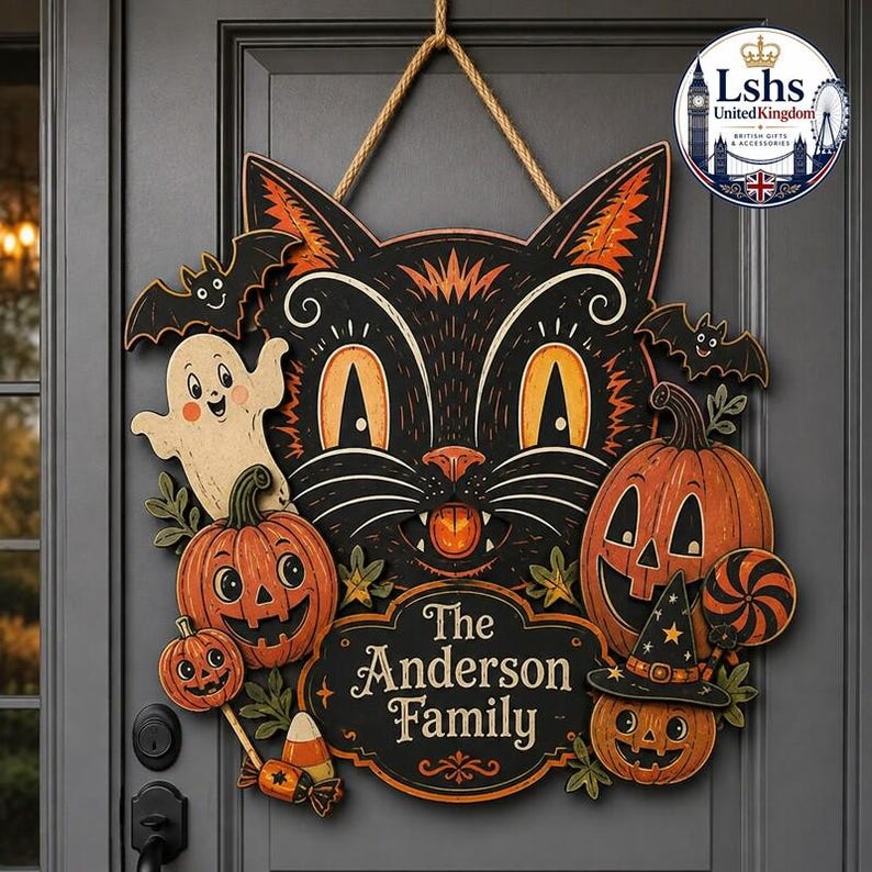 Retro Pumpkin Ghost Hanging Plaque, Custom Black Cat Halloween Wooden Sign, Personalized Family Name Door Hanger, Spooky Season Welcome Art
