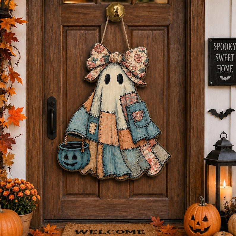 Halloween Ghost Door Hanger, Personalized Rustic Patchwork Door Sign, Primitive Fall Porch Decor, Spooky Halloween Gift