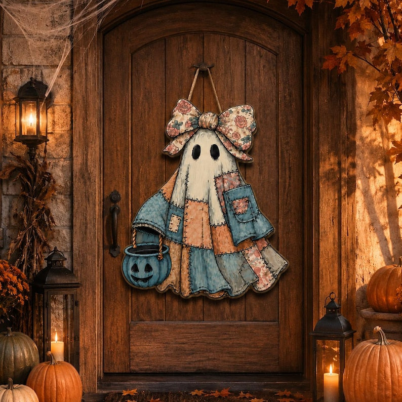 Halloween Ghost Door Hanger, Personalized Rustic Patchwork Door Sign, Primitive Fall Porch Decor, Spooky Halloween Gift